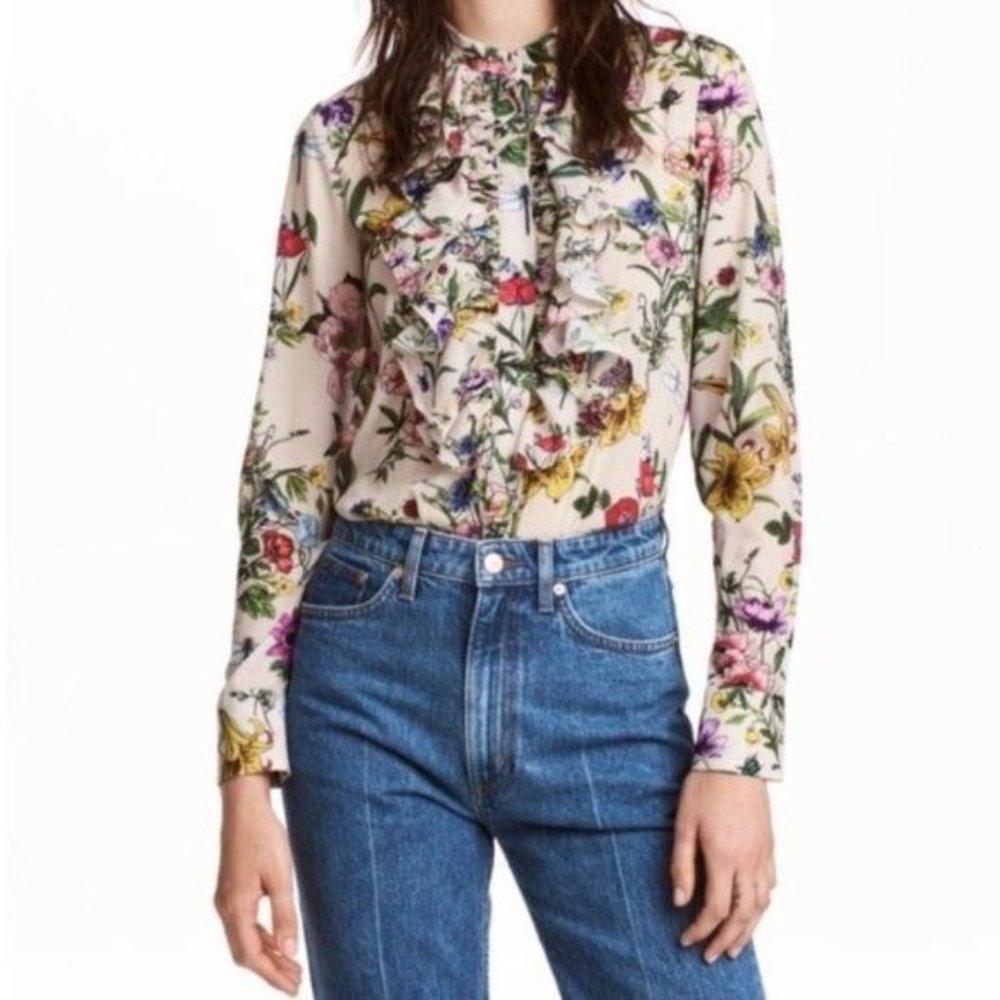 H&M Floral Ruffle Sheer Button Up Victorian Cottagecore Blouse
